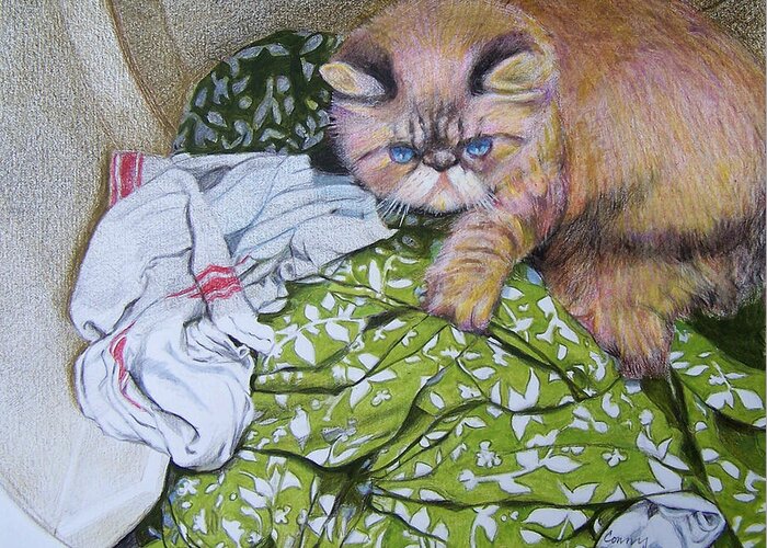 Cat Greeting Card featuring the mixed media Territorial Feline by Constance DRESCHER