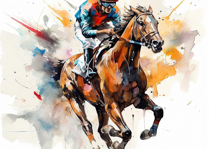 Horse Racing Greeting Card featuring the painting Test of Will - Horse Racing Paintings by Lourry Legarde