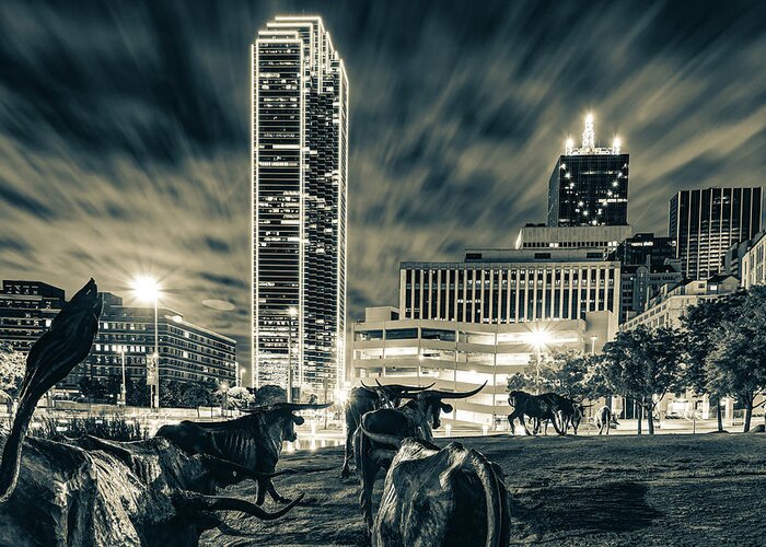 Dallas Skyline Greeting Card featuring the photograph Texas Longhorn Cattle Drive To the Dallas Skyline - Sepia Edition by Gregory Ballos