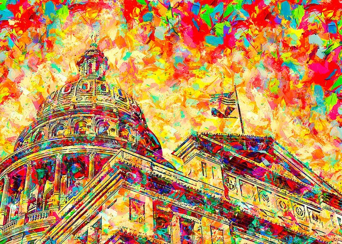 Texas State Capitol Greeting Card featuring the digital art Texas State Capitol in Austin - colorful painting by Nicko Prints