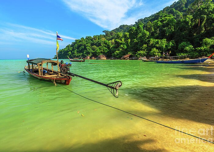 Surin Islands Greeting Card featuring the photograph Thai Traditional long tail diesel boat by Benny Marty