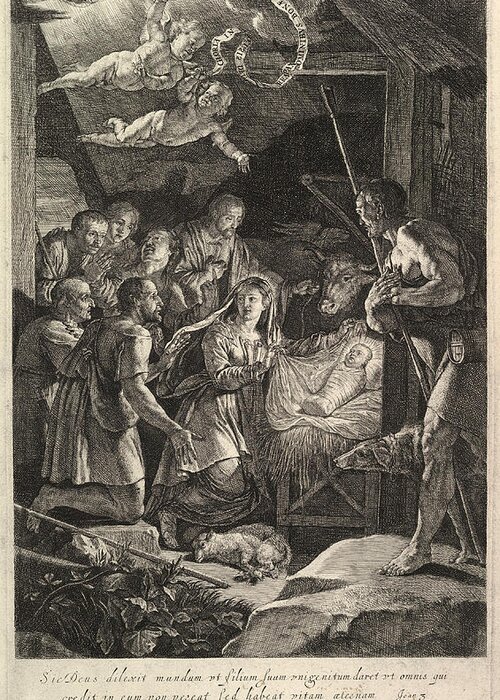 Jean Morin Greeting Card featuring the drawing The Adoration of the Shepherds by Jean Morin