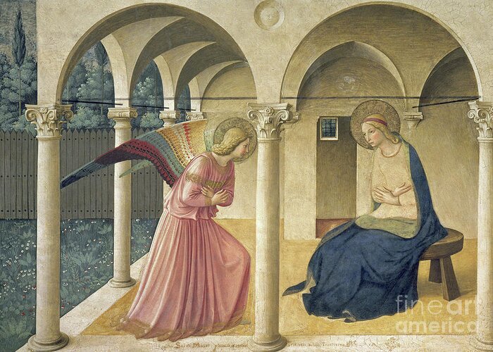 Angel Greeting Card featuring the painting The Annunciation, freco by Fra Angelico by Fra Angelico