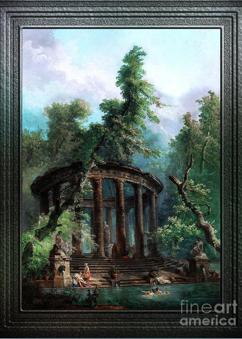 The Bathing Pool Greeting Card featuring the painting The Bathing Pool by Hubert Robert v3 Old Masters Classical Fine Art Reproduction by Rolando Burbon