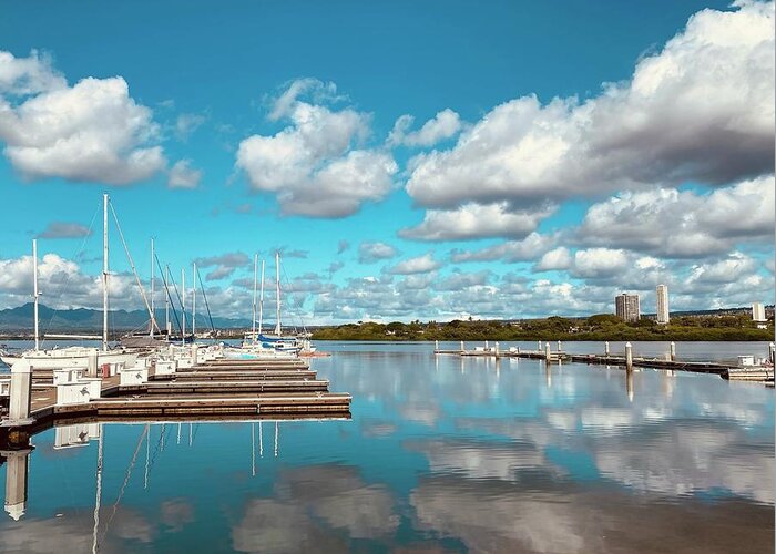 Boat Docks Bay Blue Sky Clouds Ocean Sun Boats Water Sun Reflections Greeting Card featuring the photograph The Bay at Pearl Harbor by Andrea Callaway