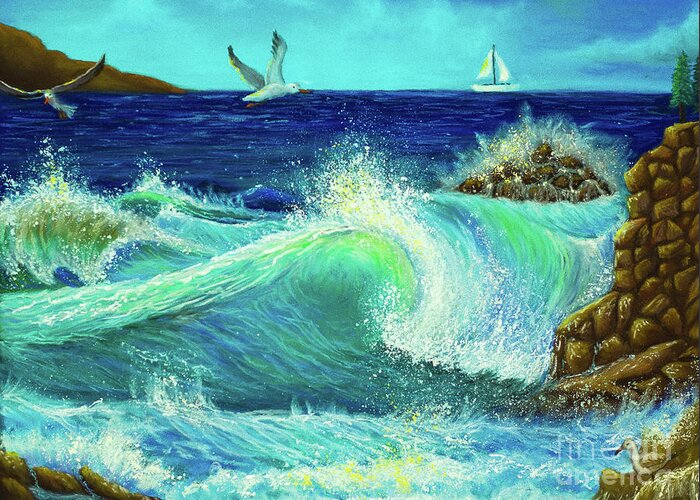 Seascape Greeting Card featuring the painting The Beauty of a fearless fall by Sudakshina Bhattacharya