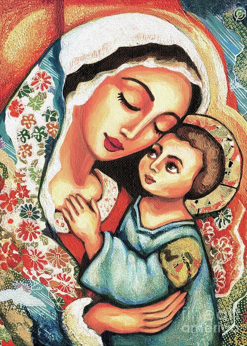 Mother And Child Greeting Card featuring the painting The Blessed Mother by Eva Campbell