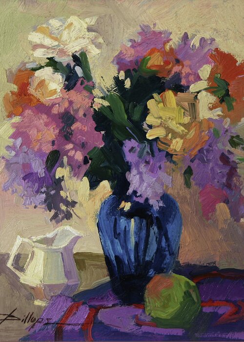Still Life With Blue Vase Greeting Card featuring the painting The Blue Vase by Elizabeth J Billups