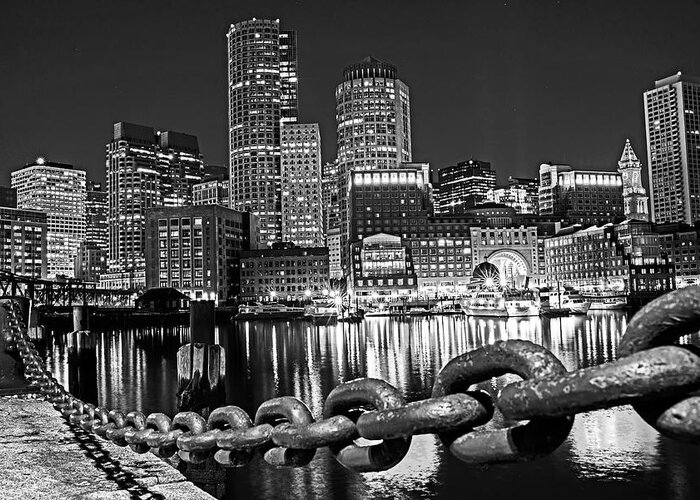 Boston Greeting Card featuring the photograph The Boston Skyline Reflected in Fort Point Channel at Night Boston Massachusetts Black and White by Toby McGuire