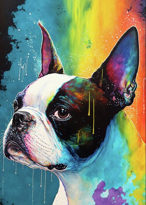 Boston Terrier Greeting Card featuring the painting The Boston Terrier Dog - Composition 006 by Aryu
