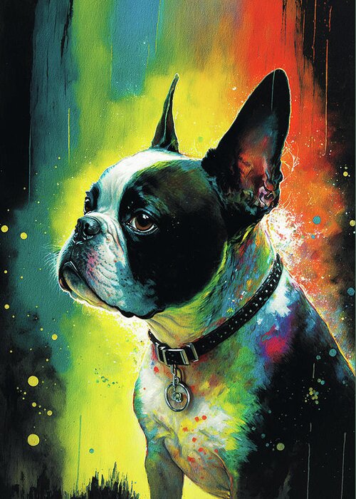 Boston Terrier Greeting Card featuring the painting The Boston Terrier Dog - Composition 010 by Aryu