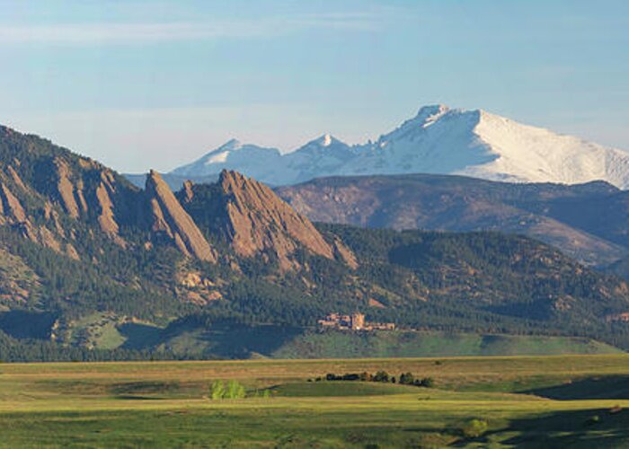 Colorado Greeting Card featuring the photograph The Boulder Flatirons with Longs Peak Panorama by Aaron Spong