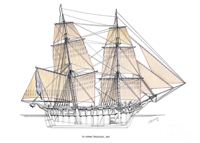 Historic Vessels Greeting Card featuring the drawing The brig Poseidon - 1821 by Panagiotis Mastrantonis