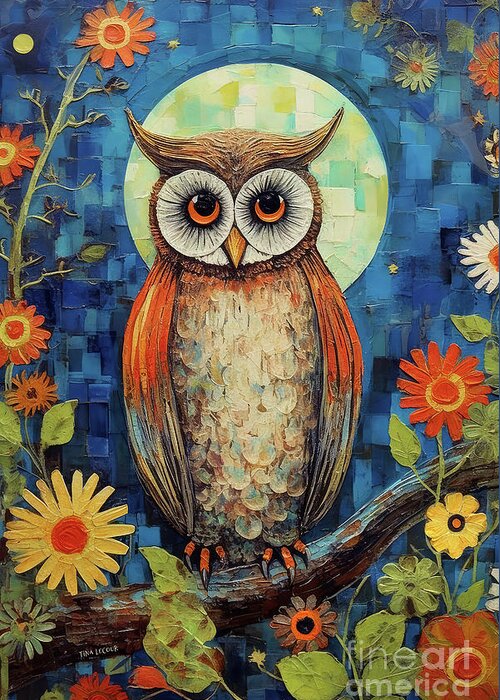 Owl Greeting Card featuring the painting The Bright Eyed Owl by Tina LeCour