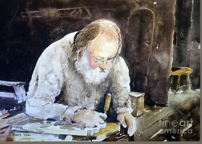 A Bearded Woodcarver Works At Mystic Seaport Greeting Card featuring the painting The Carver by Monte Toon