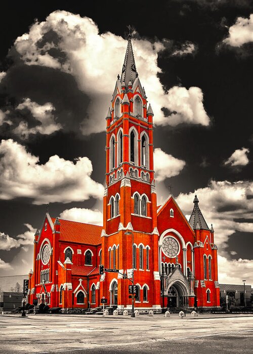 Cathedral Shrine Of The Virgin Of Guadalupe Greeting Card featuring the digital art The Cathedral Shrine of the Virgin of Guadalupe in Dallas, Texas, isolated on black and white by Nicko Prints