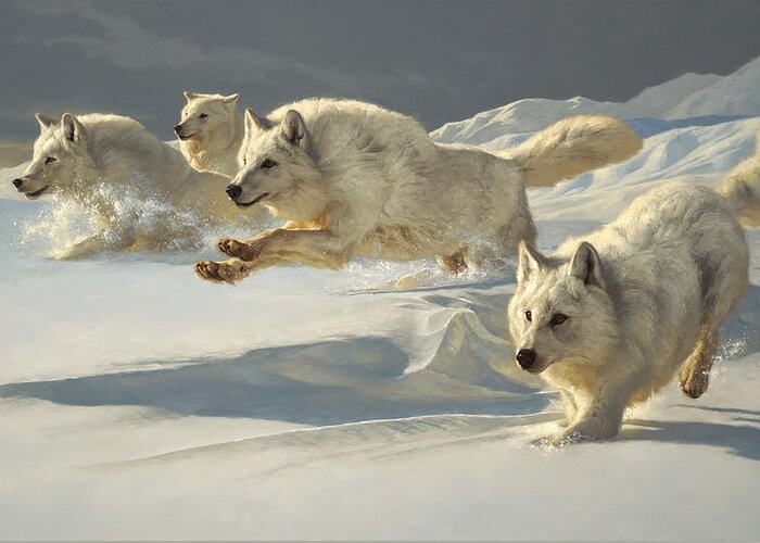Wolf Greeting Card featuring the painting The Chase by Greg Beecham