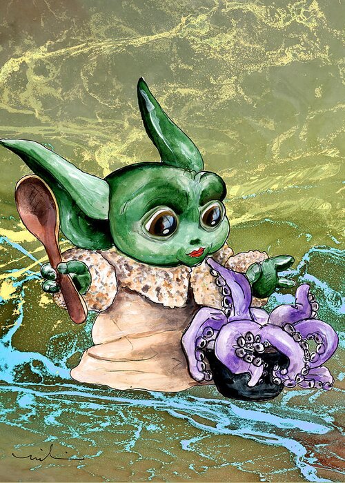 Watercolour Greeting Card featuring the painting The Child Yoda 05 by Miki De Goodaboom