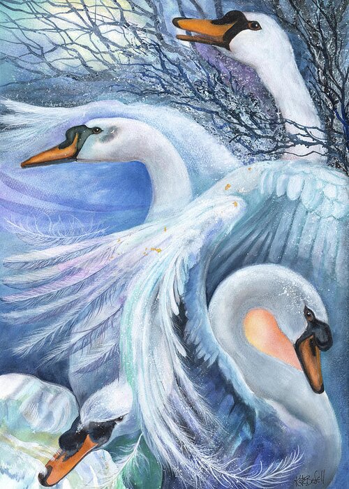 Swans Greeting Card featuring the painting The Children of Lir by Kate Bedell
