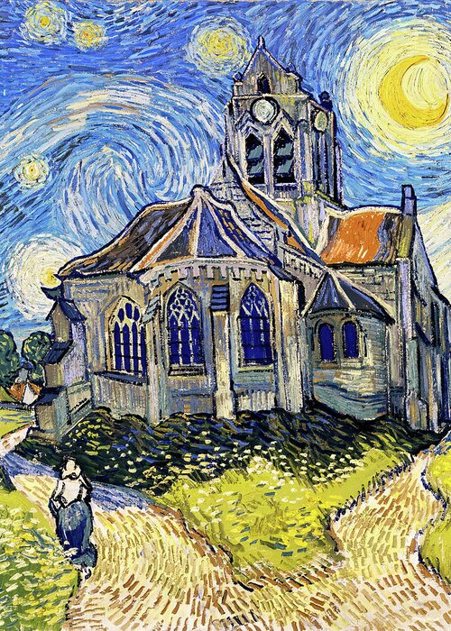 Van Gogh Greeting Card featuring the digital art The Church at Auvers on a Starry Night - digital recreation by Nicko Prints