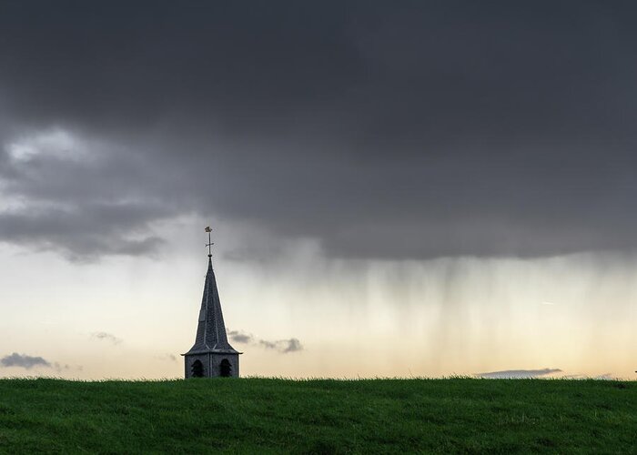 Paesens Greeting Card featuring the photograph The church of Paesens behind the dike by Anges Van der Logt