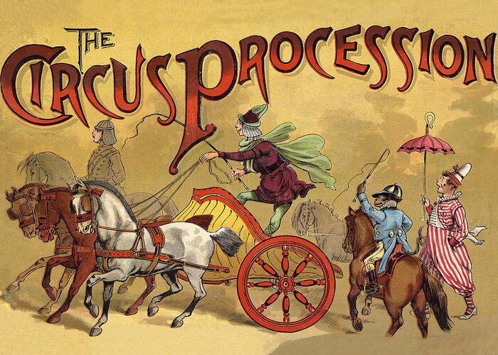 Circus Greeting Card featuring the digital art The Circus Procession - Three Horse Chariot by Long Shot