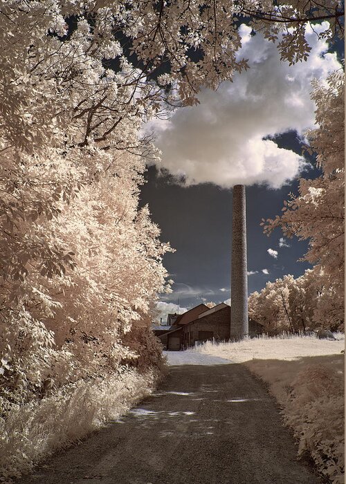 Stoughton Greeting Card featuring the photograph The Cloud Factory - Smokestack at IKI plant in Stoughton Wisconsin in infrared by Peter Herman