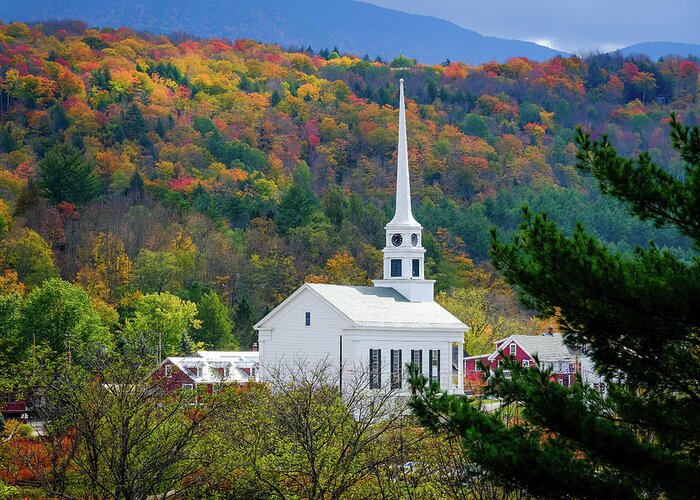 The Community Church In Stowe Vermont Greeting Card featuring the photograph The Community Church in Stowe, Vermont in Fall Foliage by Robert Bellomy