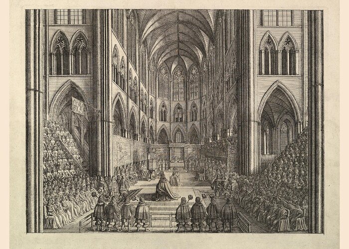Wenceslaus Hollar Greeting Card featuring the drawing The Coronation of King Charles the II in Westminster Abbey, April 23, 1661 by Wenceslaus Hollar