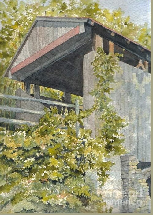 Bridge Greeting Card featuring the painting The Covered Bridge - Okeana. Ohio by Jackie Mueller-Jones
