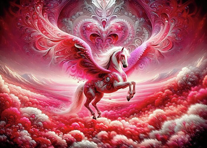 Pegasus Greeting Card featuring the digital art The Crimson Winged Pegasus by Bill And Linda Tiepelman