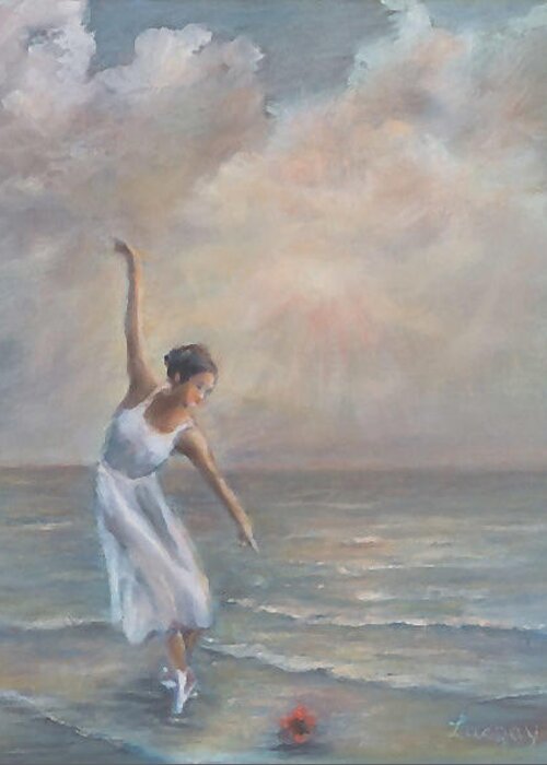 Ballerina Paintings Greeting Card featuring the painting The dance of the ballerina by the sea by Katalin Luczay
