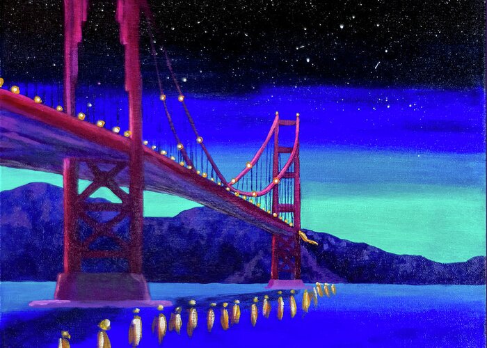 Golden Gate Bridge Greeting Card featuring the painting The Empty Feeling of New by Ashley Wright