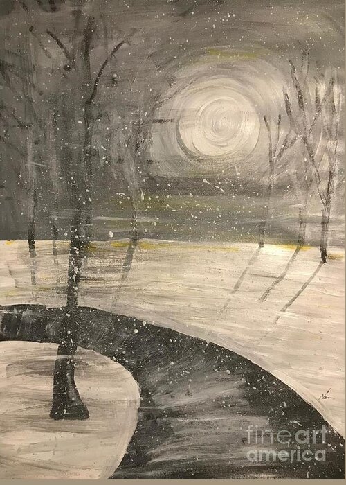 Encircling Eye - Canada Winter Scene Night Evening Snow Storm Moonlight Greeting Card featuring the painting The Encircling Eye by Nina Jatania