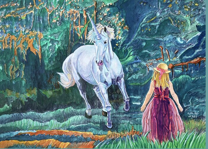 Unicorn Greeting Card featuring the mixed media The Encounter in the Woods by Dominic White