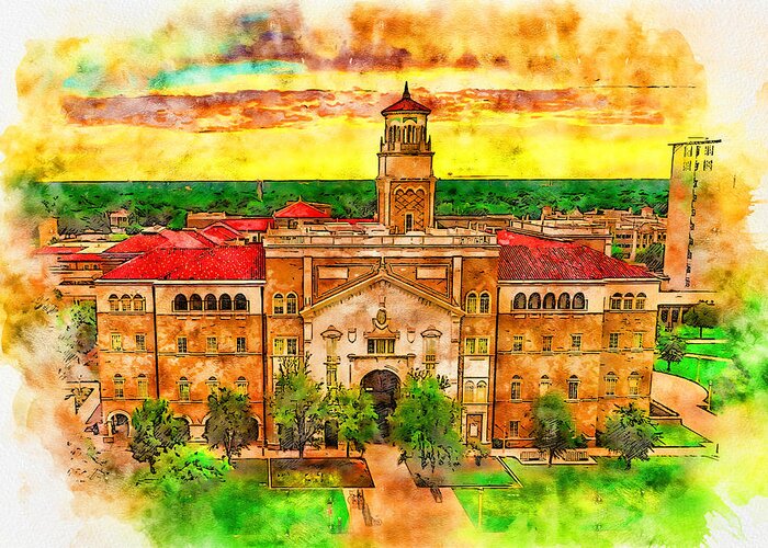 English And Philosophy Building Greeting Card featuring the digital art The English and Philosophy Building of the Texas Tech University - pen and watercolor by Nicko Prints