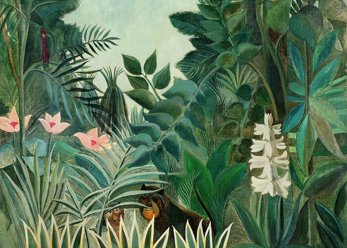 1900s Greeting Card featuring the painting The Equatorial Jungle by Henri Rousseau by - Henri Rousseau