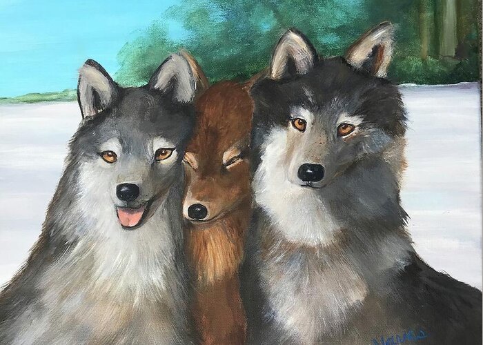 Wolf Greeting Card featuring the painting The Family by Deborah Naves