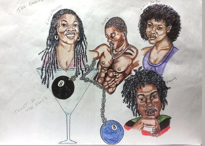 Black Art Greeting Card featuring the drawing The Family by Joedee