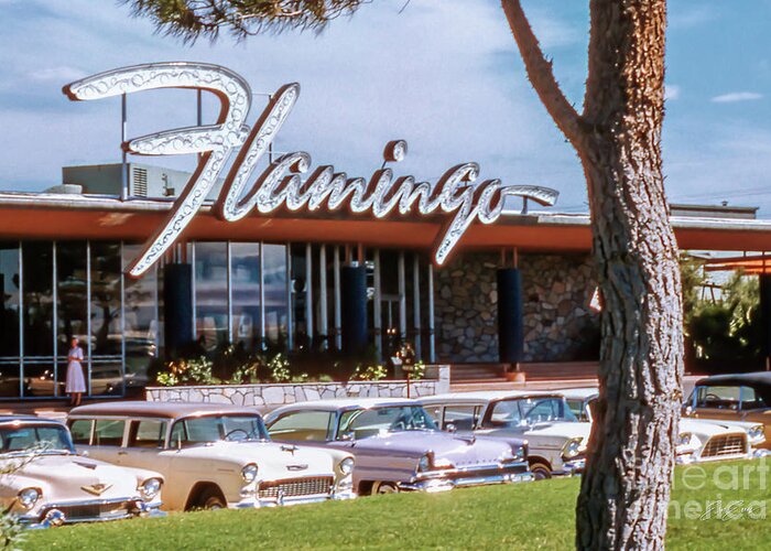 Flamingo Casino Neon Sign Greeting Card featuring the photograph The Flamingo Casino Main Entrance 1950's by Aloha Art