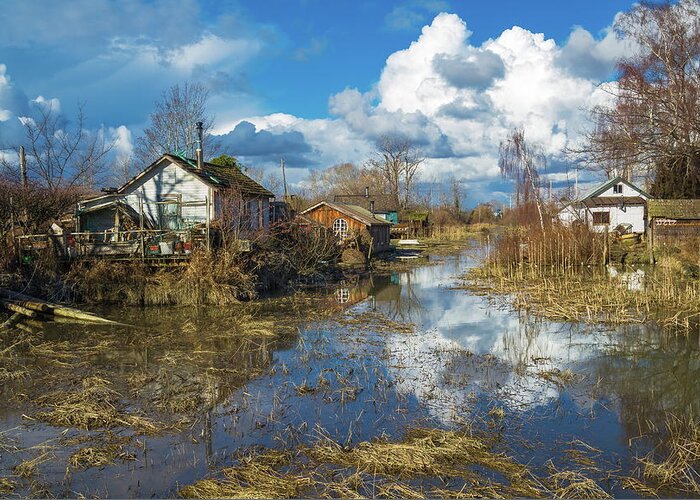 Alex Lyubar Greeting Card featuring the photograph The flood in the Finn Slough - old fisherman's village by Alex Lyubar