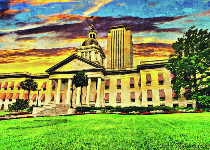 Florida State Capitol Greeting Card featuring the digital art The Florida State Capitol complex in Tallahassee, at sunset - oil painting by Nicko Prints
