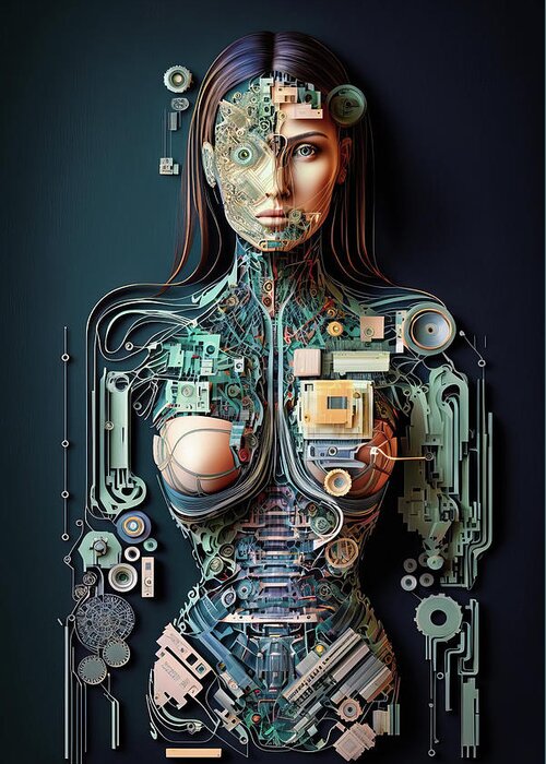 Cyborg Greeting Card featuring the digital art The Future of AI 02 Robot Woman by Matthias Hauser