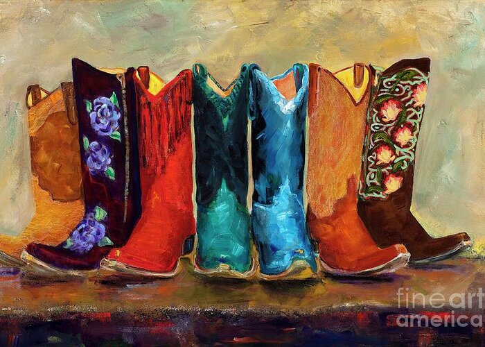 Cowboy Boots Greeting Card featuring the painting The Girls Are Back In Town by Frances Marino