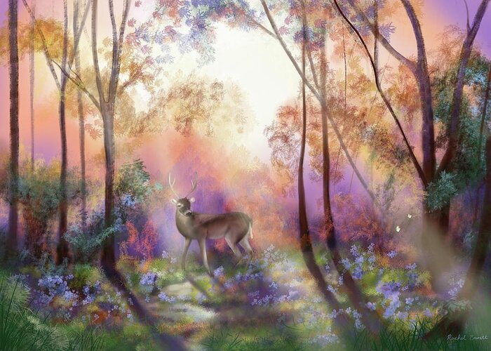Enchanted Greeting Card featuring the digital art The Golden Hour at Swinley Forest by Rachel Emmett