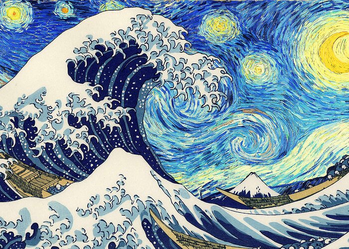 The Great Wave Off Kanagawa - Starry Night Van Gogh Greeting Card featuring the digital art The Great Wave off Kanagawa by Linyan Chen