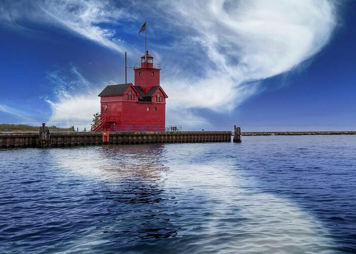American Greeting Card featuring the photograph The Holland Harbor Lighthouse Inlet by Debra and Dave Vanderlaan