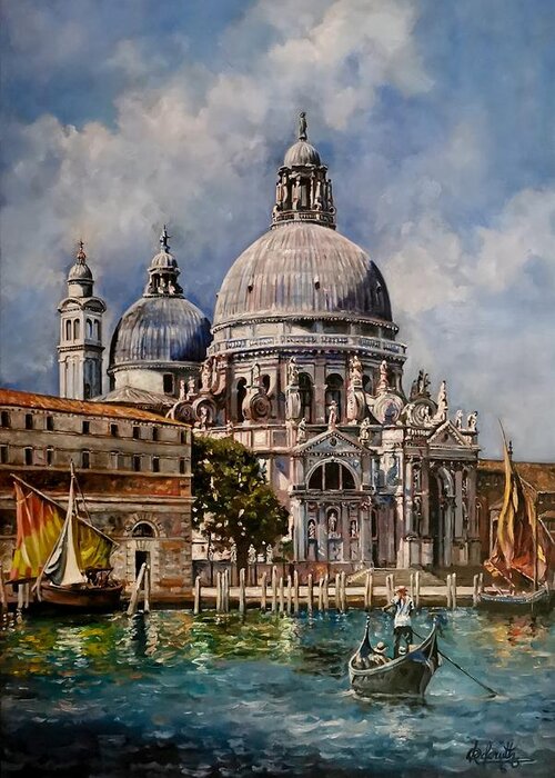  Greeting Card featuring the painting The iconic Della salute of Venice by Raouf Oderuth
