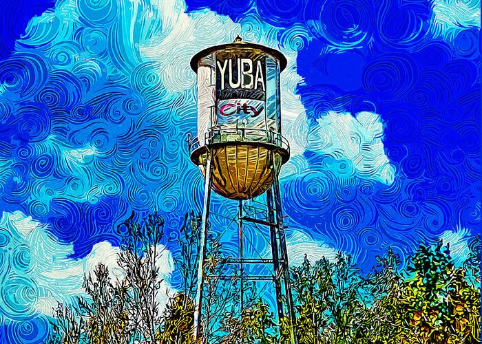 Water Tower Greeting Card featuring the digital art The iconic water tower in Yuba City, California - impressionist painting by Nicko Prints