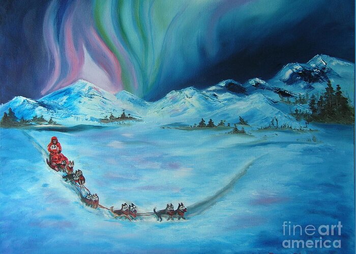 Iditarod Greeting Card featuring the painting The Iditarod Trail by Lora Duguay